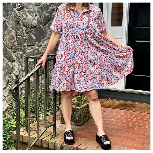 46 Boho Basic Collared Floral Short Sleeve Tiered Dress - Picture 3 of 10